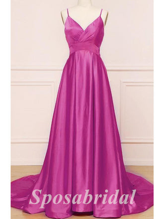 Sexy Soft Satin Spaghetti Straps V-Neck Sleeveless Backless A-Line Long Prom Dresses, PD3581