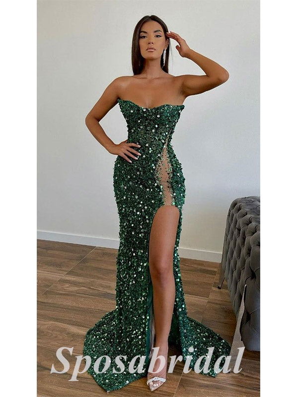 Sexy Sequin Sweetheart Sleeveless Side Slit Mermaid Long Prom Dresses,PD3637