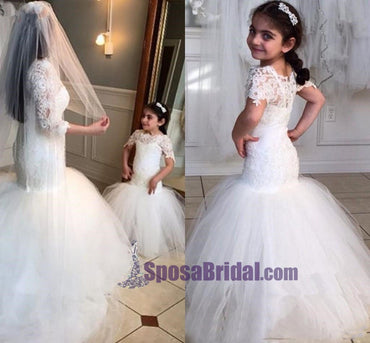 New Hot Selling  Custom Made Half Sleeves Floor Length Lace Mermaid Flower Girl Dresses, Junior Bridesmaid Dresses, FG114
