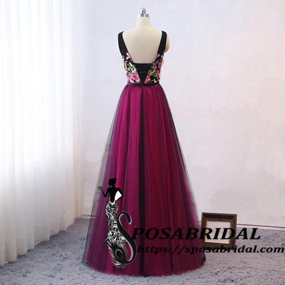 Long Black Women Evening Dress, Vintage Embellish Embroidery Floral Bridesmaid Dresses, WG320