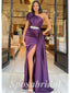 Elegant Satin One Shoulder Sleeveless Side Slit Mermaid Long Prom Dresses With Belt And Trailing, PD3619