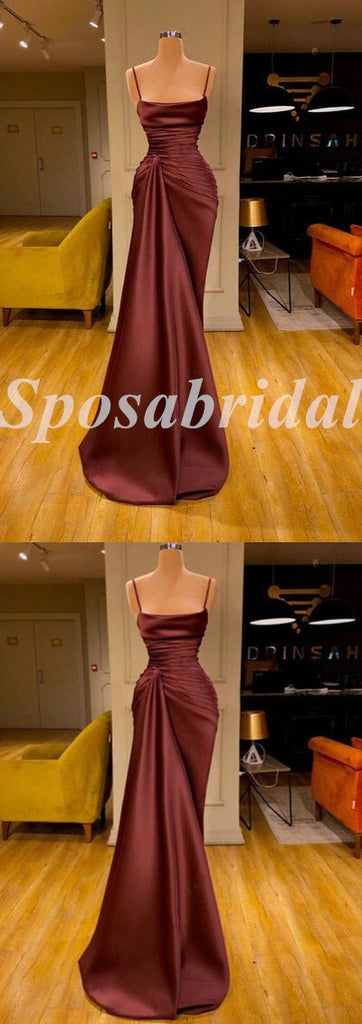 Elegant Satin Spaghetti Straps Sleeveless Mermaid Long Prom Dresses, PD3611