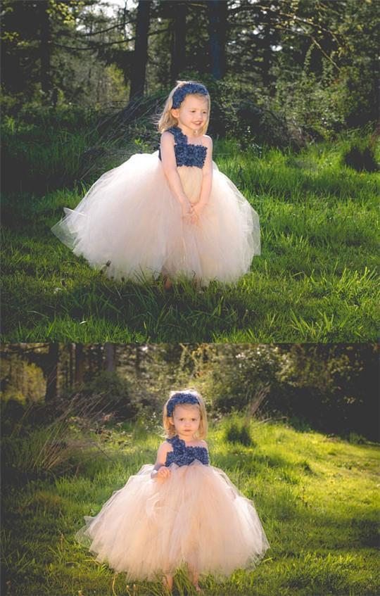 One Shoulder Blue flower Top Tulle Flower Girl Dresses, Lovely Tutu Dresses,  FG036