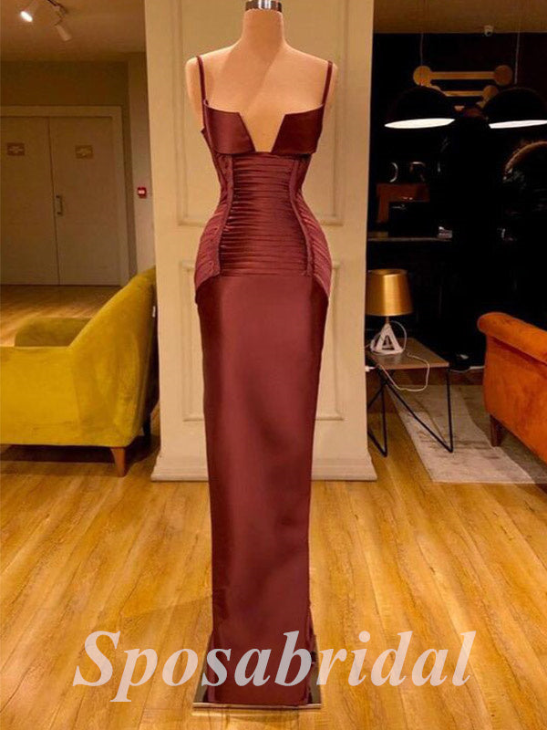 Elegant Satin Spaghetti Straps V-Neck Sleeveless Mermaid Long Prom Dresses, PD3612