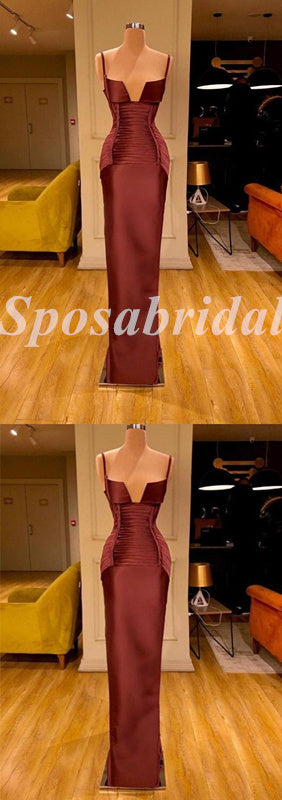 Elegant Satin Spaghetti Straps V-Neck Sleeveless Mermaid Long Prom Dresses, PD3612