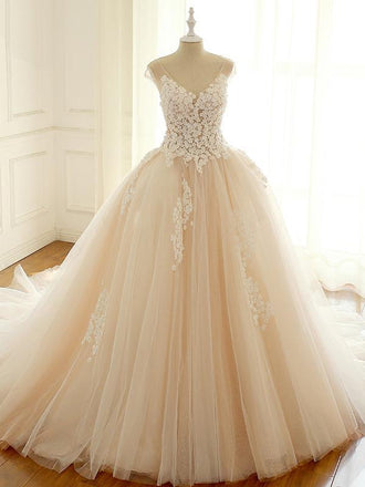 Cap Sleeve Lace Long Custom Cheap Custom Wedding Dresses, WD307 - SposaBridal