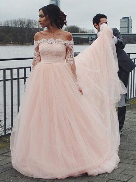 Off Shoulder Long Sleeve Pink A-line Wedding Dresses Online, WD344