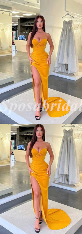 Sexy Satin Sweetheart V-Neck Sleeveless Side Slit Mermaid Long Prom Dresses, PD3626