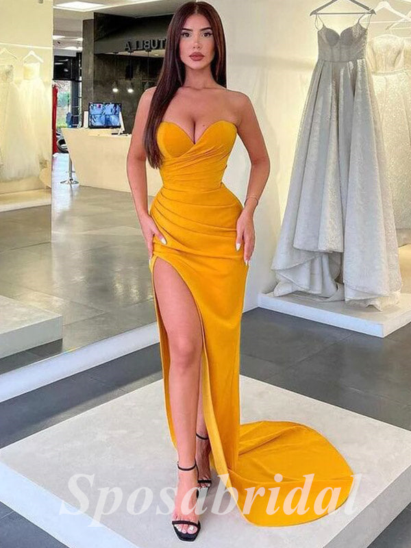 Sexy Satin Sweetheart V-Neck Sleeveless Side Slit Mermaid Long Prom Dresses, PD3626