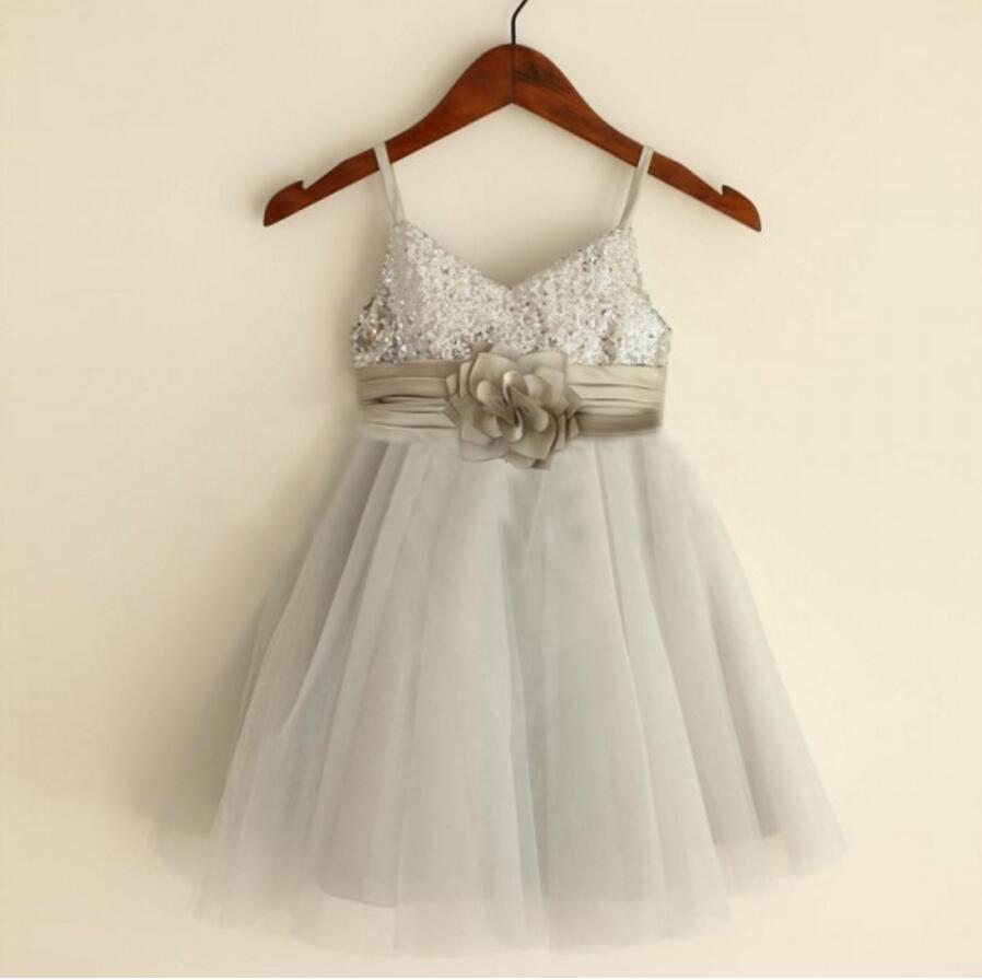 Sparkly Spaghetti Strap V- Neck Light Gray Tulle Flower Girl Dresses With Handmade Flower Sash, FGS027