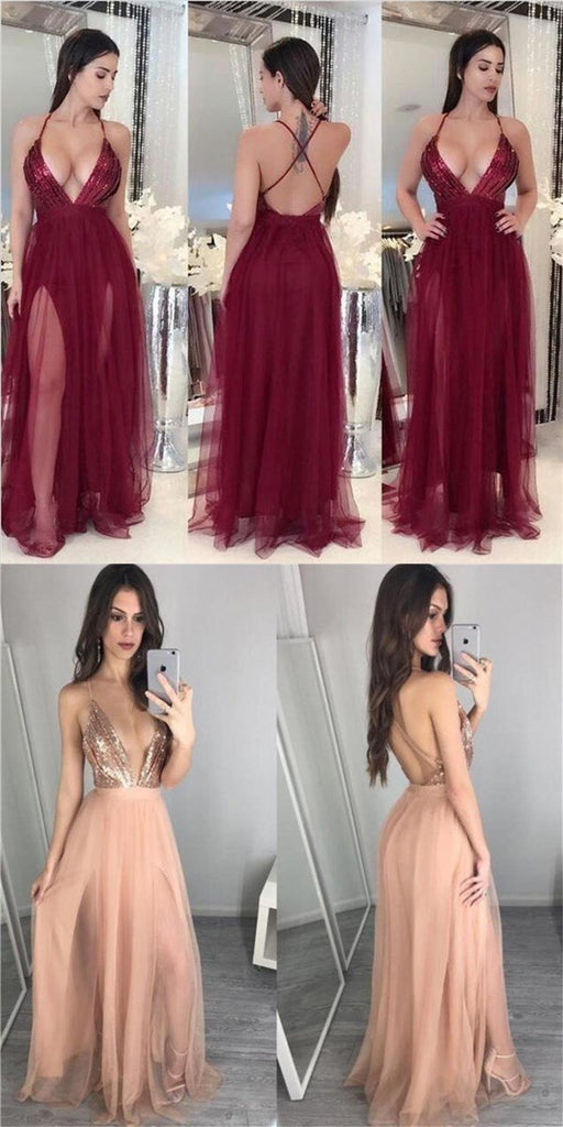 Pink and Burgundy Deep V Neck Sequin Sexy A-line Long Prom Dress, PD0312