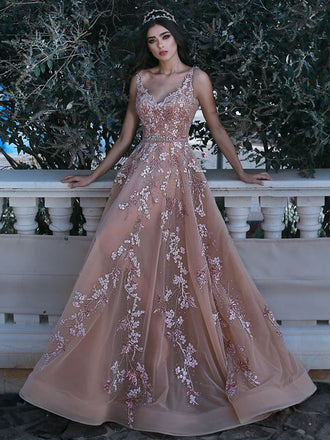 Charming Rose Champagne Floral Applique Sleeveless A-line Long Prom Dress, PD0704
