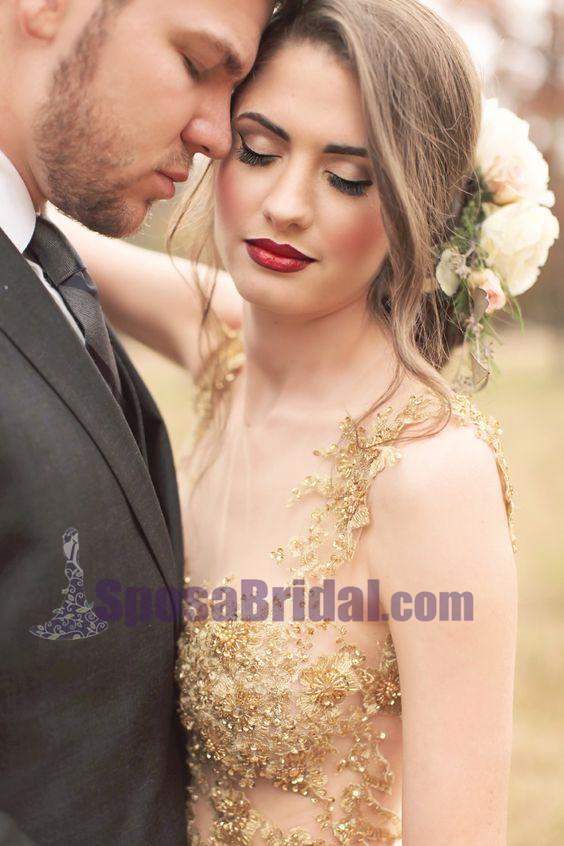 Custom Long Gold Stunning Chiffon Soft  Side Split Pretty Wedding dresses, Bridals Dress, PD0614