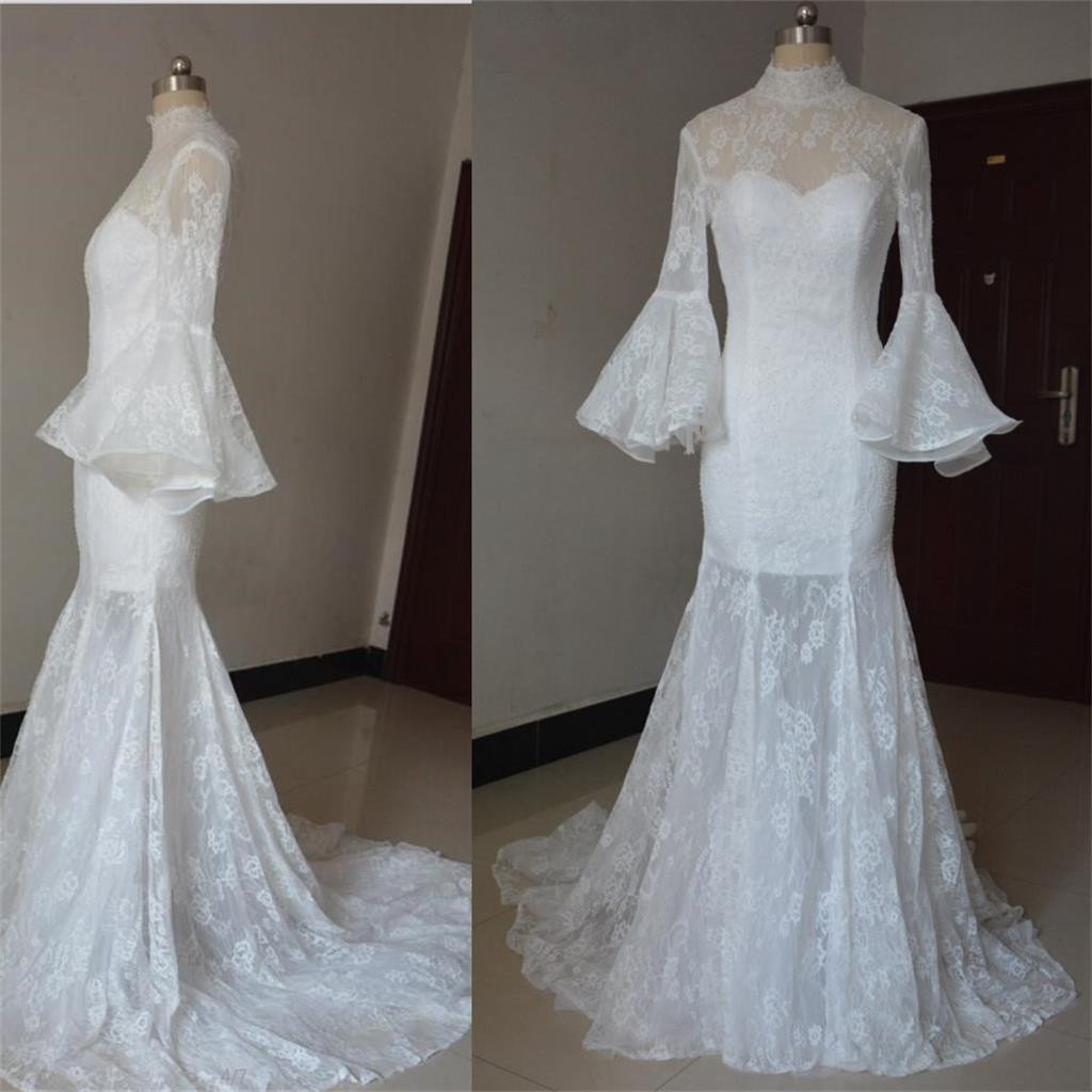 Long Sleeves High Neck  Lace Unique Stunning Glamorous Wedding Dress, Bridals Dress, WD0255