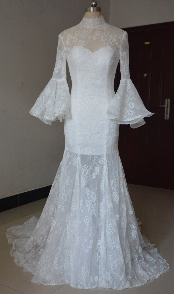 Long Sleeves High Neck  Lace Unique Stunning Glamorous Wedding Dress, Bridals Dress, WD0255