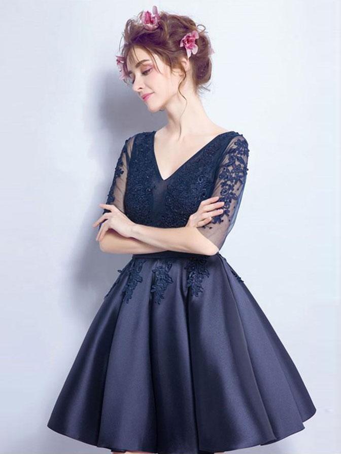 Cheap Short Cute Long Sleeve Lace Navy Homecoming Dresses 2018, CM468 - SposaBridal