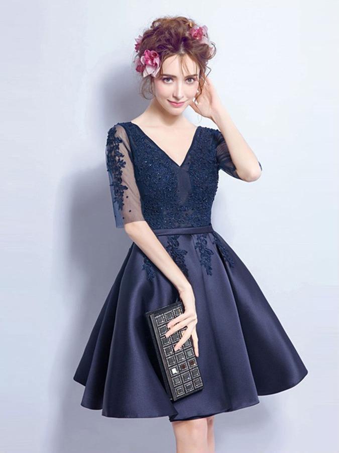 Cheap Short Cute Long Sleeve Lace Navy Homecoming Dresses 2018, CM468 - SposaBridal