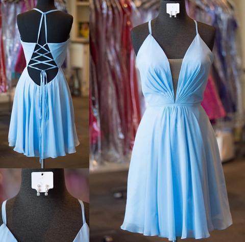 Sexy Casual Chiffon Blue Spaghetti Straps Short Cheap Homecoming Dresses Online, CM566