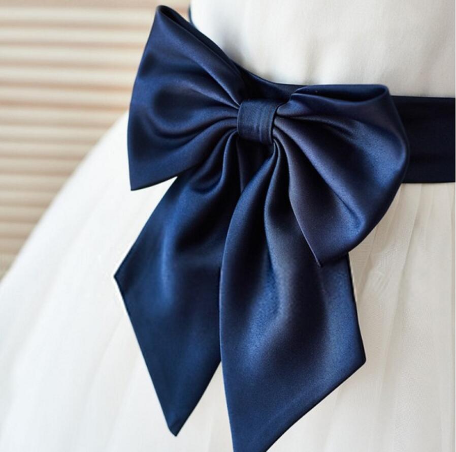 Round Neck Black And Navy Satin Lovely Simple Flower Girl Dresses With Bow Sash, FGS033