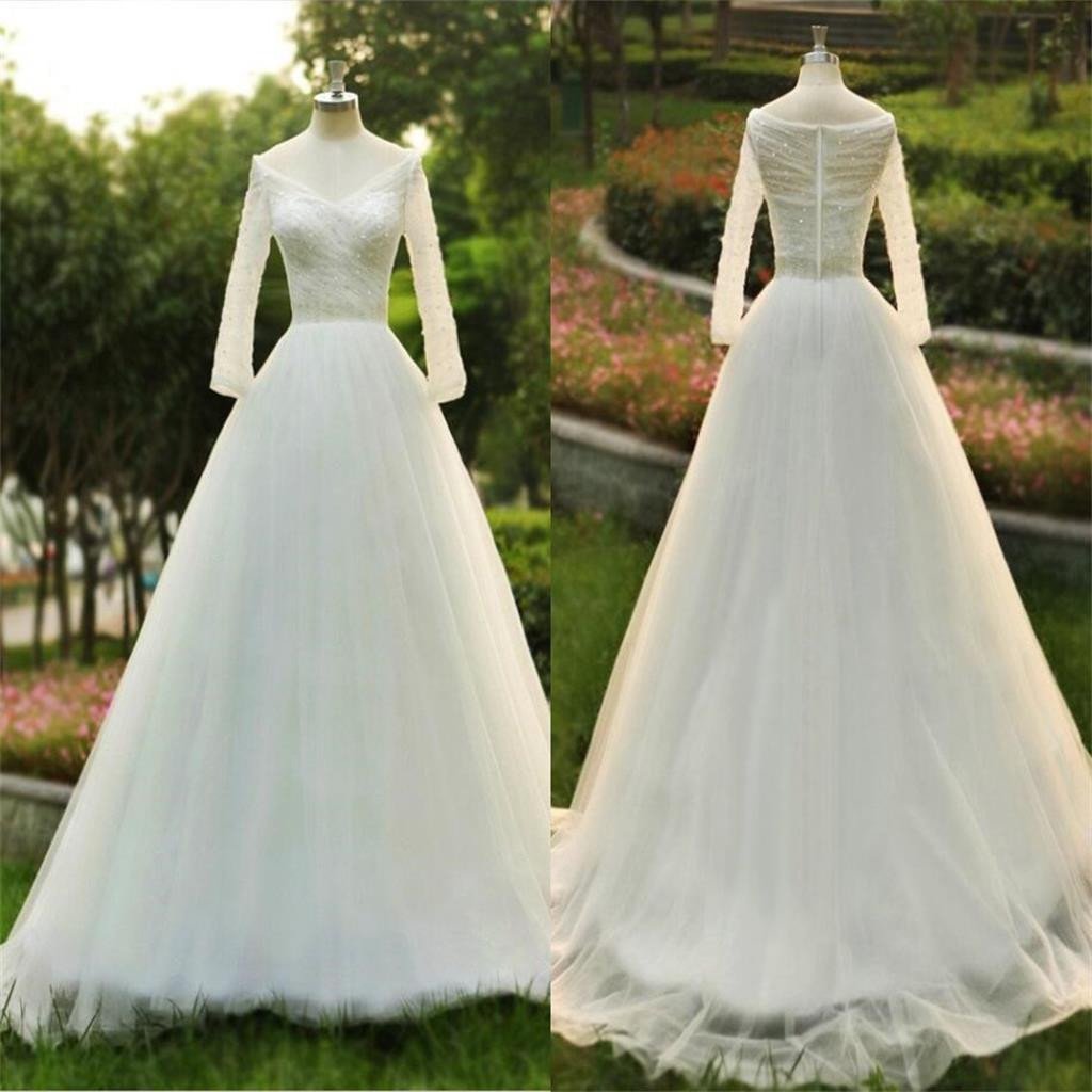 Long sleeves V Neck Sequin A-line New Design Custom Popular Wedding Dress, bridals dress, WD0251