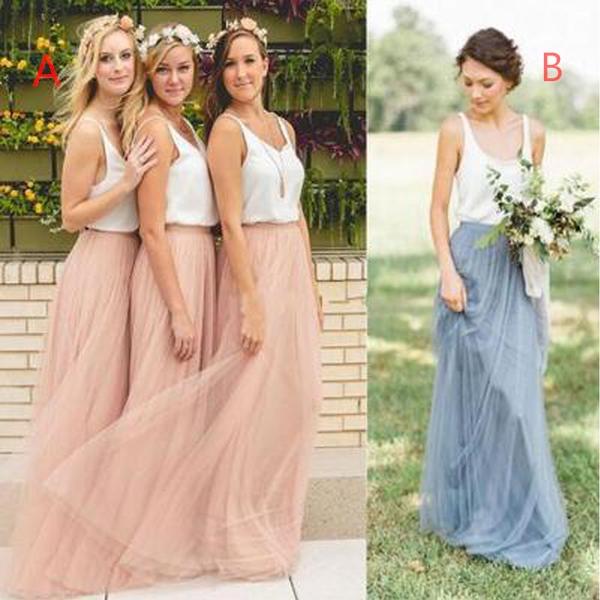 Popular Cheap Junior Off Shoulder Scoop Neck White Blush Pink Tulle Long Bridesmaid Dresses, WG40