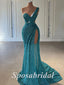 Sexy Tulle And Sequin Lace One Shoulder V-Neck Sleeveless Side Slit Mermaid Long Prom Dresses,PD3686