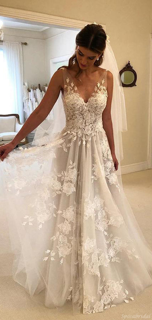 Long Lace Deep V-back A-line Summer Beach Wedding Dresses with appliques, PD0780