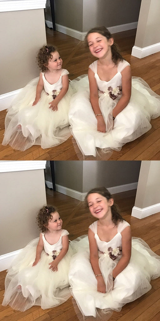 Ivory Tulle Flower Belt Flower Girl Dresses, Popular Little Girl Dresses, FG016