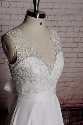 Lace Back Bow V Neck Cheap Beach Wedding Dresses Online, WD383