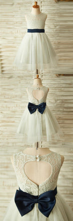 Ivory Beautiful Lace and Tulle Sleeveless Scoop Cheap Flower Girl Dresses with Bow, FG0087