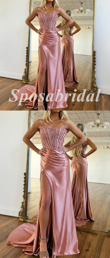 Sexy Lace And Satin Sweetheart Sleeveless Side Slit Mermaid Long Prom Dresses,PD3684