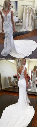Sexy V Neck White Ivory Mermaid Lace New Design Wedding Dresses , Wedding Gown, PD0275