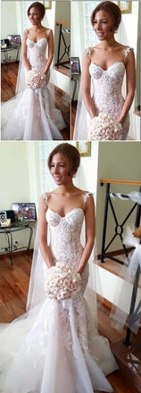 Long Applique Sleeveless Mermaid Spaghetti-Strap Tulle Pretty Custom Wedding Dresses, WD0196