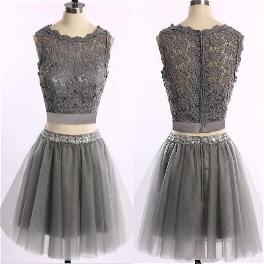 Two pieces grey lace tulle homecoming prom dresses, CM0003