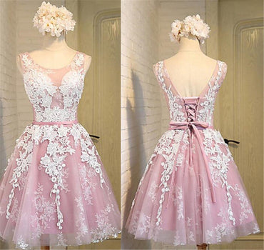 Off shoulder scoop neckline see through short pink homecoming prom dresses, CM0025