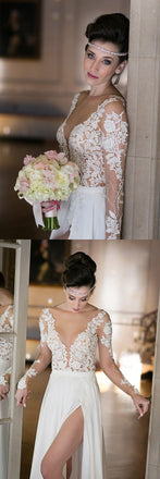 Deep V-Neck Long Sleeve Summer Beach Chiffon Simple Side Slit Most Popular Wedding Dress , PD0229