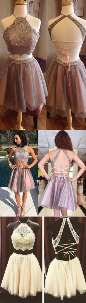 Short Two Pieces Open Back High Neck Graduation Homecoming Dress, Prom Dress for Teens, PD0352