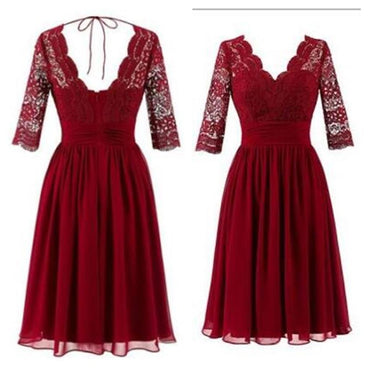 Cheap Short Chiffon Lace top Long Sleeves Custom Most Popular A-line V -Back Bridesmaid Dress , WG256 - SposaBridal