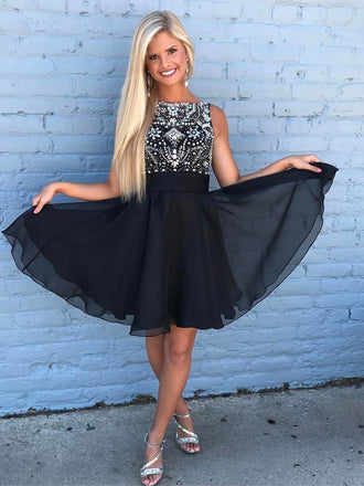 Cute Rhinestone Beaded Chiffon Short Black Homecoming Dresses, CM492