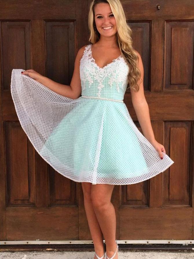 Cheap Simple Cute V Neck Mint Homecoming Dresses 2018, CM494 - SposaBridal