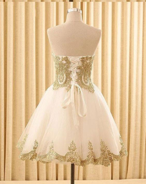 Sweetheart Gold Lace White Tulle Short Cheap Homecoming Dresses Online, CM578