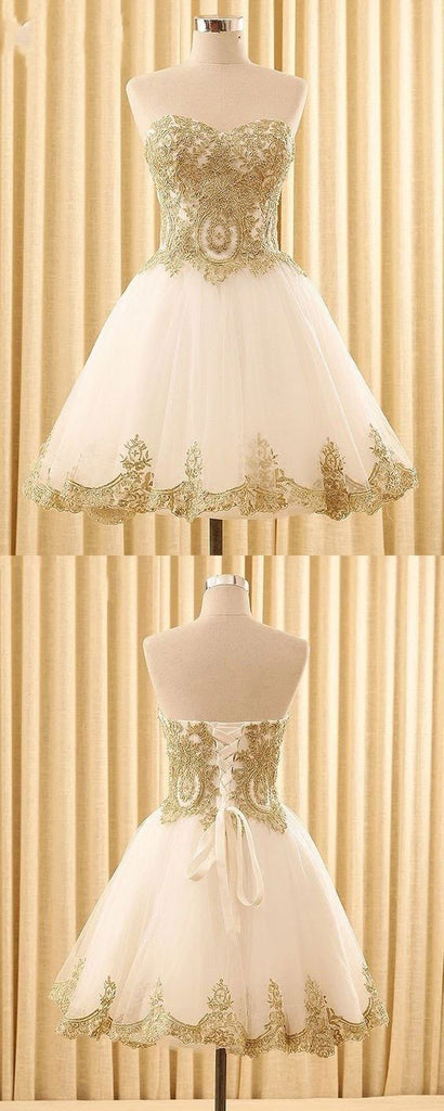 Sweetheart Gold Lace White Tulle Short Cheap Homecoming Dresses Online, CM578