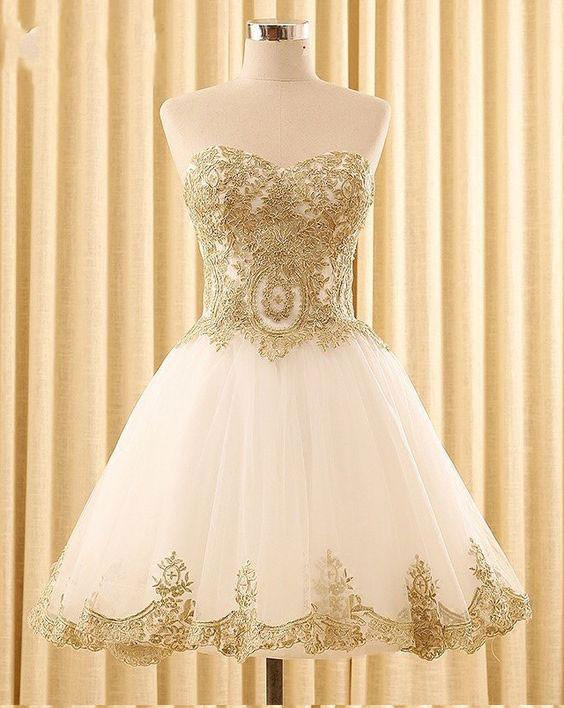 Sweetheart Gold Lace White Tulle Short Cheap Homecoming Dresses Online, CM578