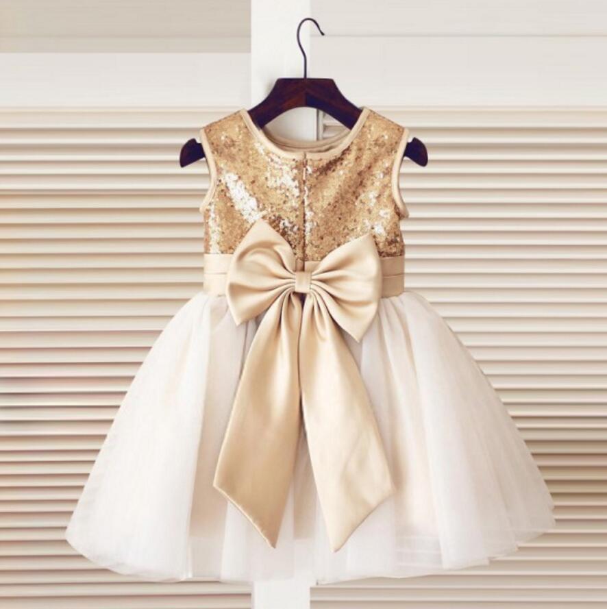 Gold Sequin Simple Cutest  Cheap Soft Pretty Flower Girl Dresses With Bow, FG0089