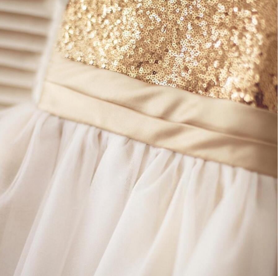 Gold Sequin Simple Cutest  Cheap Soft Pretty Flower Girl Dresses With Bow, FG0089