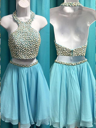 Cheap Halter Two Piece Rhinestone Blue Homecoming Dresses 2018, CM498 - SposaBridal