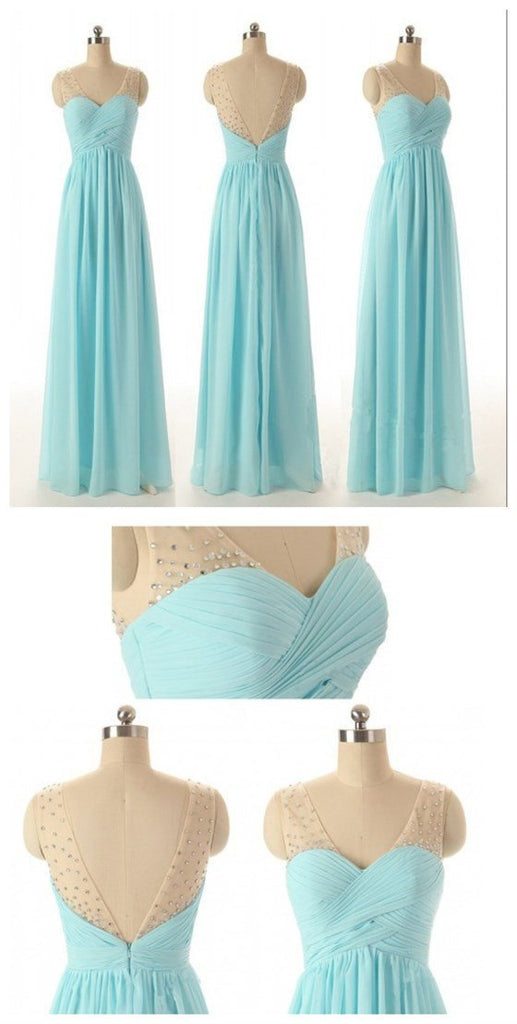 Junior Off Shoulder V-neck Blue Chiffon Formal  Wedding Party Dresses for Bridesmaid, WG56