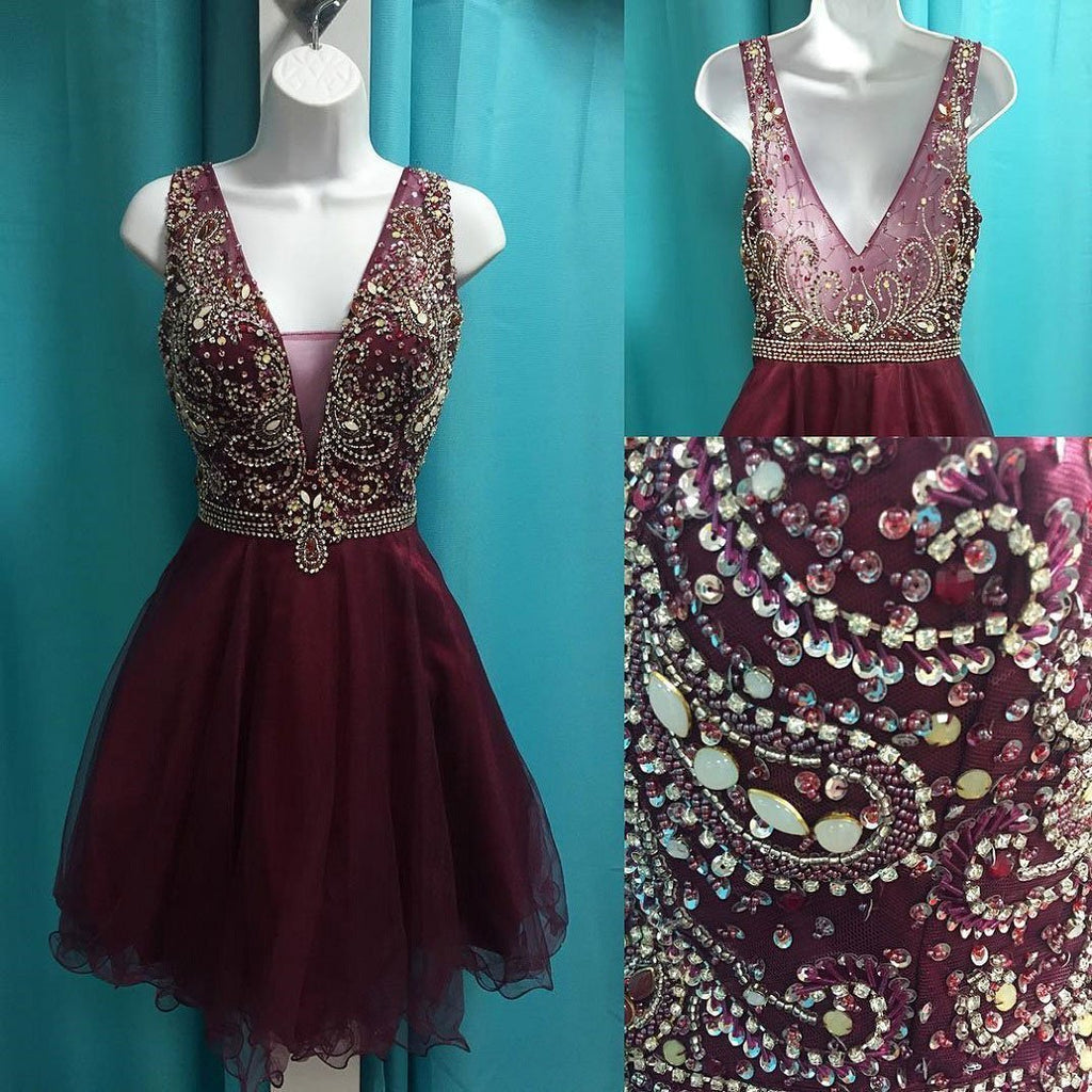 See Through V Neck Cute Beaded Maroon Homecoming Dresses, CM499