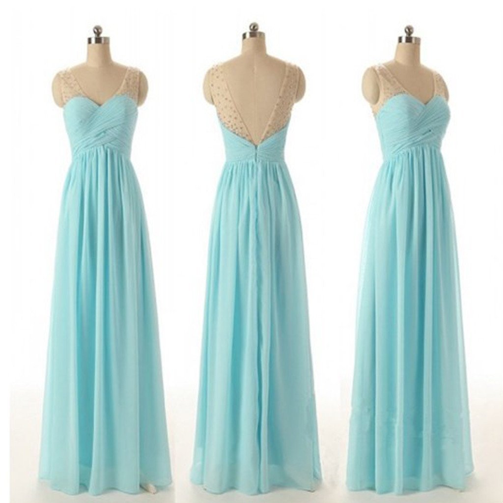 Junior Off Shoulder V-neck Blue Chiffon Formal  Wedding Party Dresses for Bridesmaid, WG56