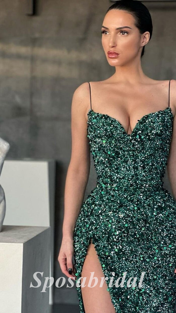 Sexy Drak Green Sequin Spaghetti Straps V-Neck Sleeveless Side Slit Mermaid Long Prom Dresses,PD3643